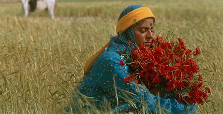 A still from the film "Gabbeh" showing a woman holding red flowers sitting in a field of tall grass